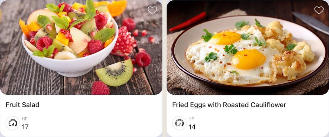 Aplikacija EatBeat: kartice jela sa Health Points iz kurirane baze namirnica